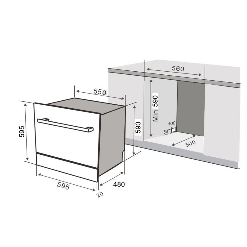  Hình kỹ thuật thông số chi tiết của máy rửa chén âm toàn phần KAFF KF-BISW800
